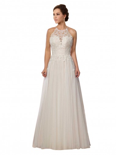 Illusion Halter Lace Boho Wedding Dress with Plunging Sweetheart Bodice Australia