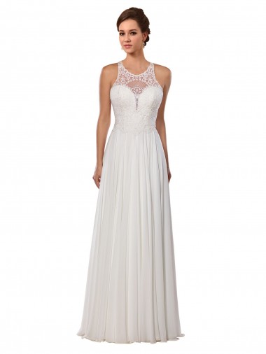 Illusion Neck A-Line Lace and Chiffon Beach Wedding Dress Australia