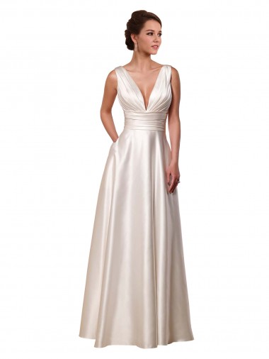 Deep V-Neck A-Line Satin Wedding Dress with Pockets Australia