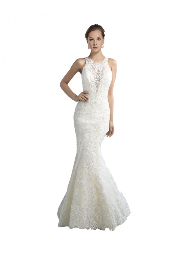 Deep Illusion Neck Mermaid Tulle Beach Wedding Dress with All Over Lace Australia