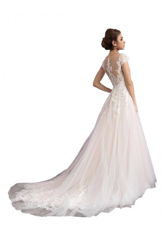 Illusion Cap Sleeves A-Line Tulle Beach Wedding Dress with Lace Bodice Australia