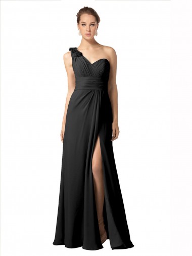 Sheer One Shoulder Chiffon A-Line Bridesmaid Dress with Slit Australia