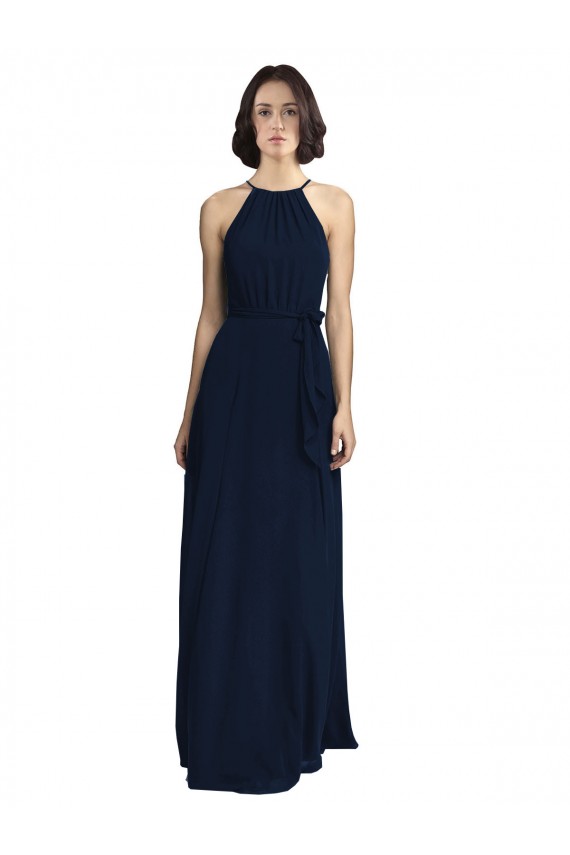 High Neckline Floor Length Chiffon Bridesmaid Dress with Belt Australia
