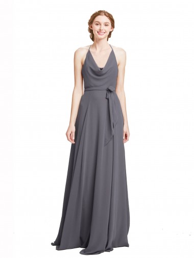 Spaghetti Strap Long Chiffon Bridesmaids Dress with Halter Cowl Neck Australia