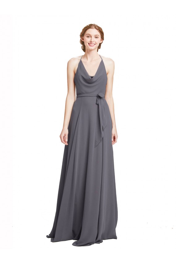 Spaghetti Strap Long Chiffon Bridesmaids Dress with Halter Cowl Neck Australia