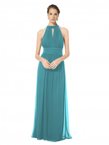 Ruched Long Chiffon Halter Bridesmaid Dress with Tie Back and Tails Australia