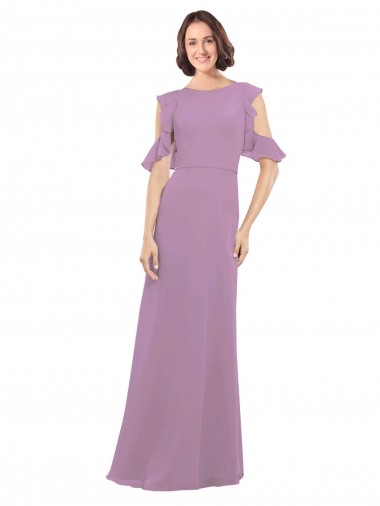 Long Chiffon Bridesmaids Dress with Flounced Sleeve Detail and Criss Cross Back Australia
