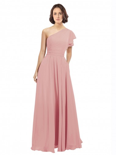 Chiffon Bridesmaids Dress with One Shoulder Flounced Sleeve Australia