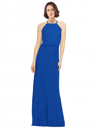 Long Jewel Neckline Chiffon Bridesmaids Dress wit Chiffon Tie Sash Australia