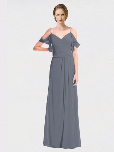 Long Chiffon Spaghetti Strap V-Neck Bridesmaid Dress with Off-The-Shoulder Flutter Sleeves Australia