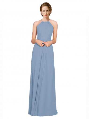 Pleated Halter Neckline A-Line Chiffon Bridesmaid with Criss Cross Back Australia