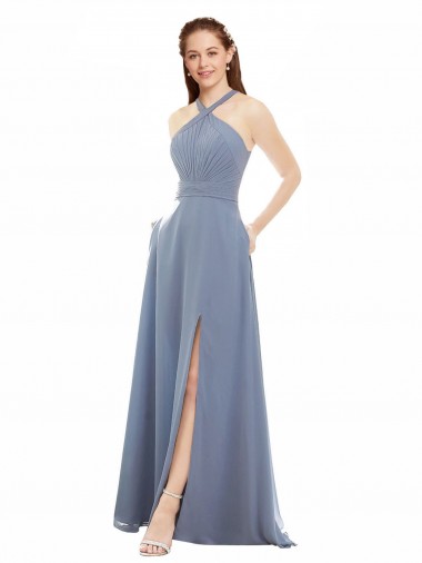 High Neck Chiffon Bridesmaid Dress with Draped Bodice Australia