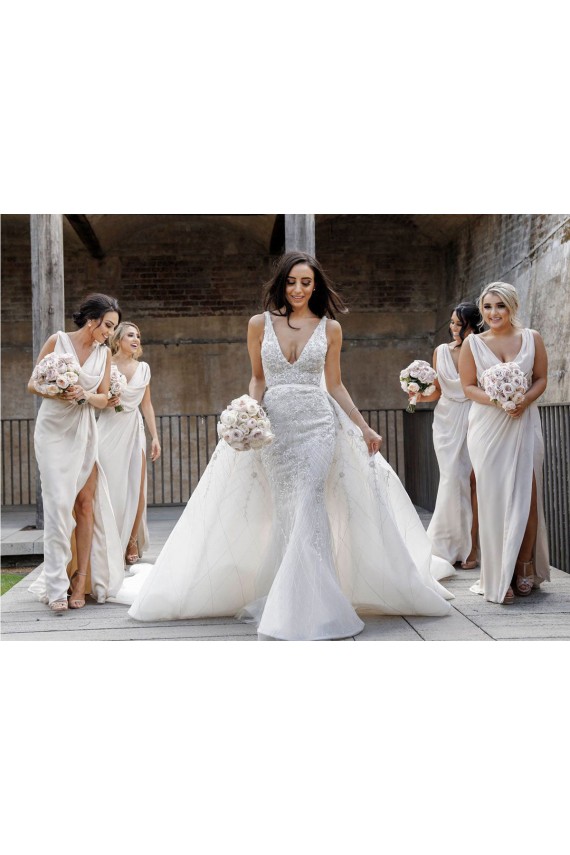 Chiffon Long Champagne Evening Dress with Sexy High Slit and Front Ruffles Australia