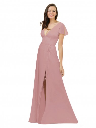 Flutter Sleeves Short Chiffon Bridesmaid Dress with Tie Belt Australia