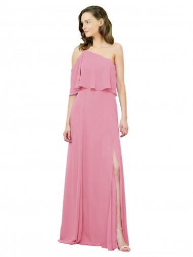 Sleeved One Shoulder Chiffon Bridesmaids Dress with Draped Ruffle Overlay Australia