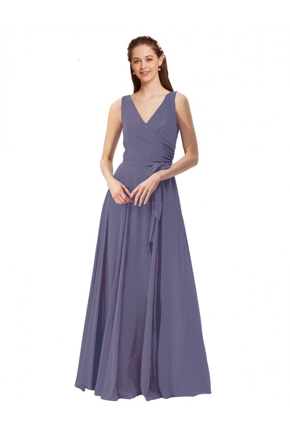 V-Neck Long Draped A-Line Chiffon Bridesmaid Dress Australia