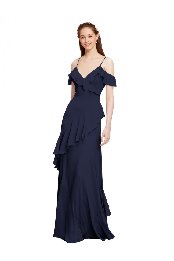 Cascading Ruffles Long Chiffon Bridesmaid Dress with Cold Shoulder Australia
