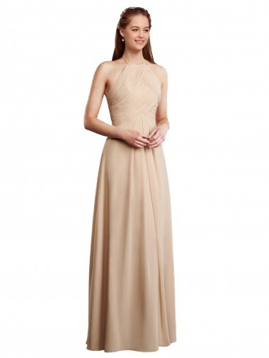 Draped Halter Neck Long Chiffon Bridesmaid Dress with Tie Back Australia