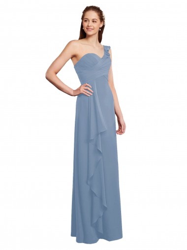 Single Shoulder Strap Long Chiffon Bridesmaid Dress with Cascading Ruffles Australia