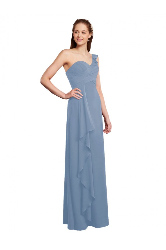 Single Shoulder Strap Long Chiffon Bridesmaid Dress with Cascading Ruffles Australia