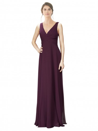 Long Chiffon Bridesmaid Dress with Ruched Criss Cross V-Neck Bodice Australia