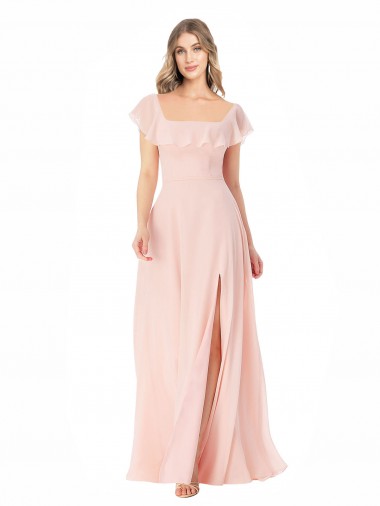 Flutter Cap Sleeves Square Neck Ruffle Chiffon Bridesmaid Dress Australia