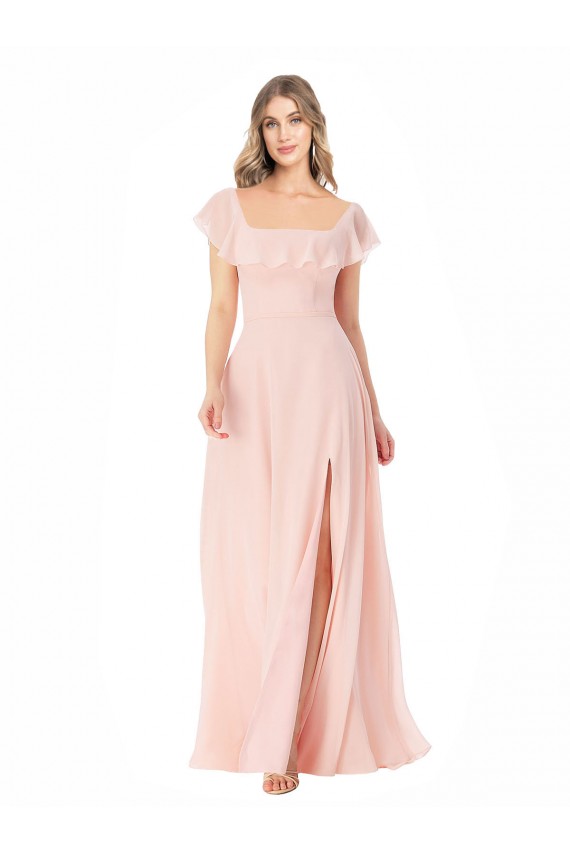 Flutter Cap Sleeves Square Neck Ruffle Chiffon Bridesmaid Dress Australia
