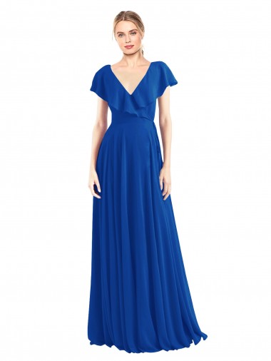 V-Neck A-Line Flutter Sleeves Long Chiffon Wrap Style Bridesmaid Dress Australia