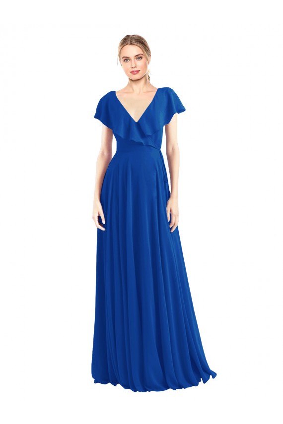 V-Neck A-Line Flutter Sleeves Long Chiffon Wrap Style Bridesmaid Dress Australia