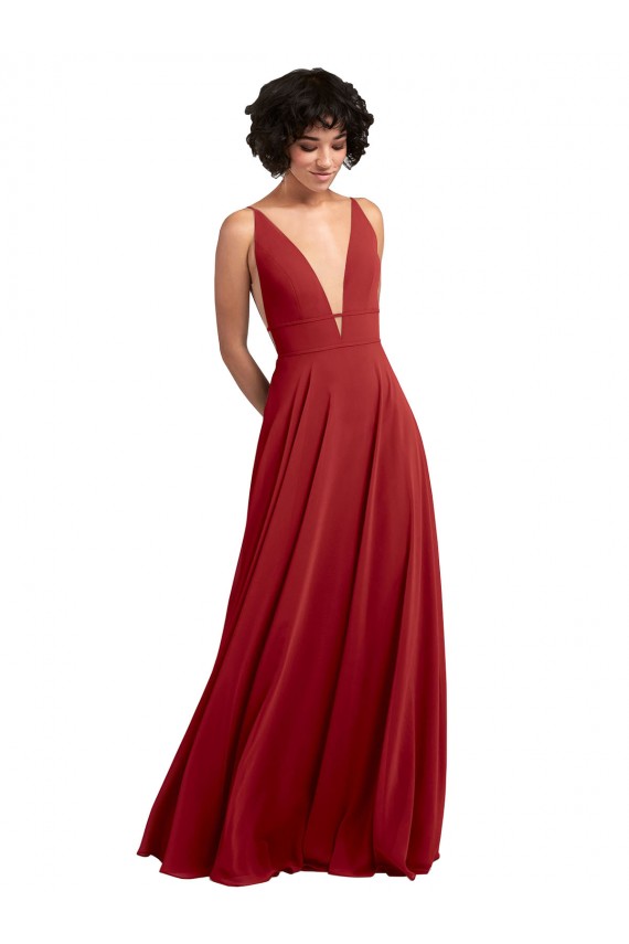 Fitted Plunging Deep V-Neck Long Chiffon Bridesmaid Dress with V-Back Australia