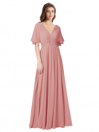 Flutter Sleeves Plunging V-Neck Boho Chiffon Bridesmaid Dress Australia