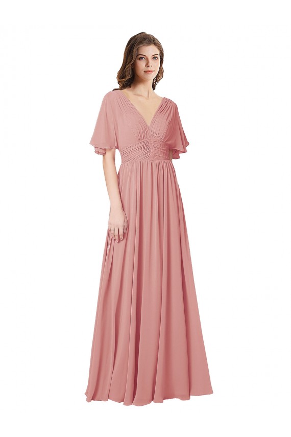 Flutter Sleeves Plunging V-Neck Boho Chiffon Bridesmaid Dress Australia