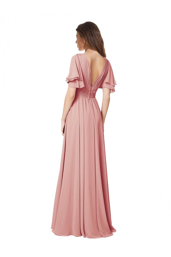 Flutter Sleeves Plunging V-Neck Boho Chiffon Bridesmaid Dress Australia
