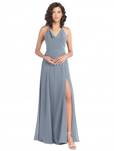 Slim A-Line Cowl Neck Long Chiffon Bridesmaid Dress with Side High Slit Australia