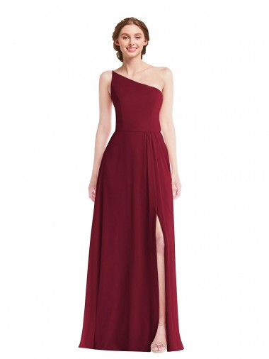 One Shoulder Chiffon Maxi Bridesmaid Dress with Shirred Front Slit Australia
