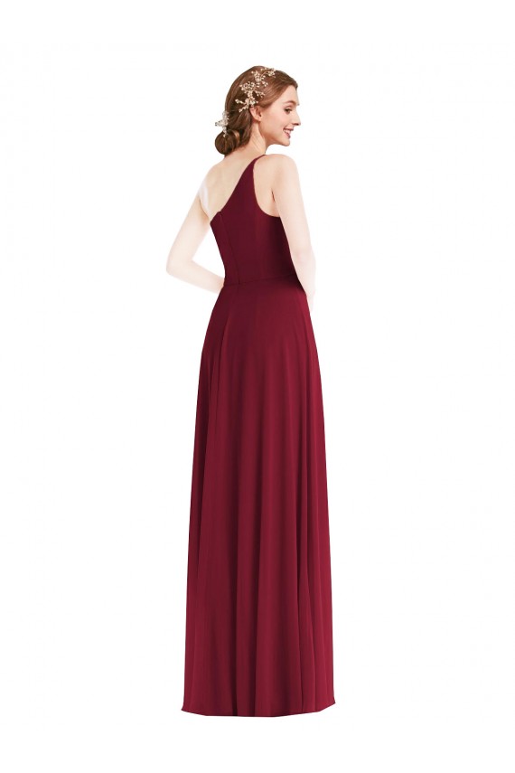 One Shoulder Chiffon Maxi Bridesmaid Dress with Shirred Front Slit Australia