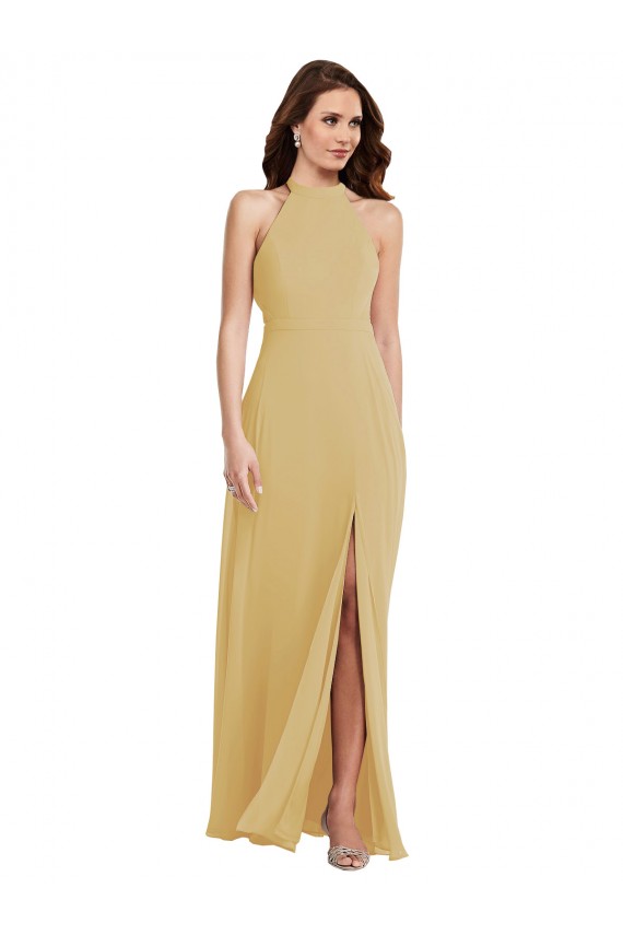 Stand Collar Halter Maxi Bridesmaid Dress with Criss Cross Open Back Australia