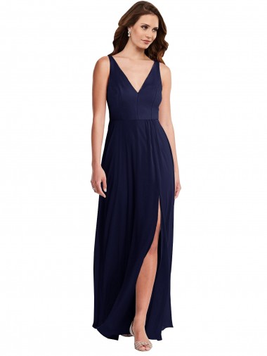 Deep V-Neck Chiffon Maxi Bridesmaid Dress with Front Slit Australia