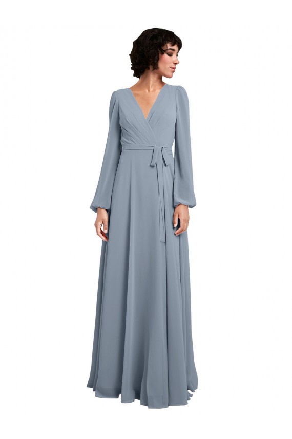 Wrap Style Long Sleeves Chiffon Bridesmaid Dress with Pleated Bodice Australia