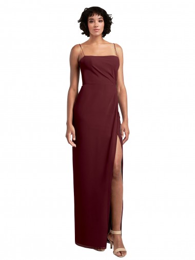 Sleek Straight Neckline Chiffon Bridesmaid Dress with Spaghetti Straps and High Side Slit Australia