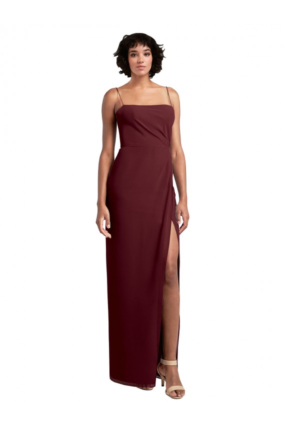 Sleek Straight Neckline Chiffon Bridesmaid Dress with Spaghetti Straps and High Side Slit Australia