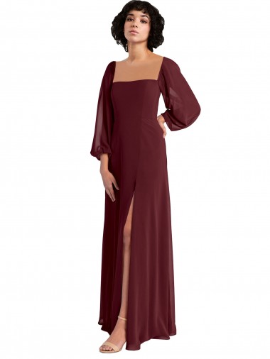 Sheer Long Sleeves Chiffon Bridesmaid Dress with High Slit Australia