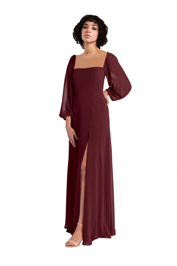 Sheer Long Sleeves Chiffon Bridesmaid Dress with High Slit Australia