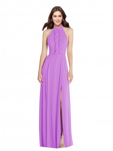 Halter Backless Maxi Formal Bridesmaid Dress with Button Ruffle Placket Australia