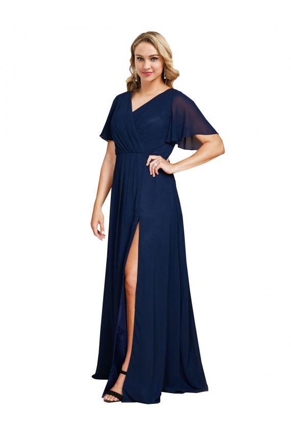 Chiffon V-Neck Short Sleeves Long Formal Bridesmaid Dress / Prom Dress with High Slit Australia