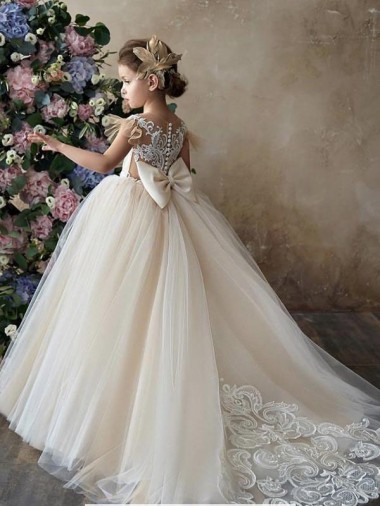 Champagne Ball Gown Sweetheart Chapel Train Sleeveless Flower Girl Dress Australia