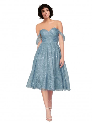 Off the Shoulder Sweetheart Chantilly Lace Midi Length Cocktail Bridesmaid Dress Australia