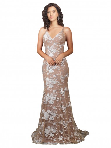 Fishtail Shaped V-Neck Embroidered Foral Lace Wedding Dress Australia