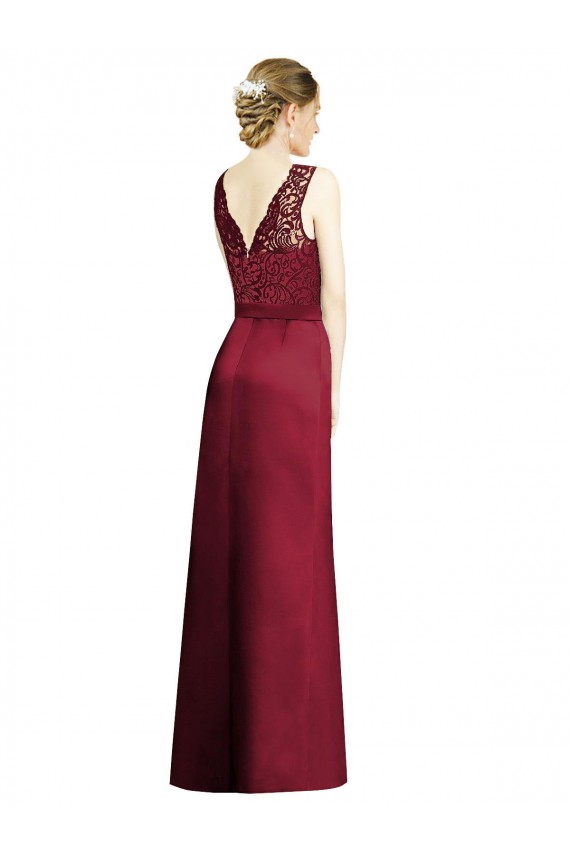 Full Length Sleeveless Satin Bridesmaid Dress with Lace Bodice Australia
