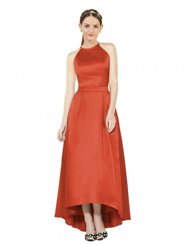 Full Length Halter Satin Bridesmaid Dress with Hi-Low Hem Detail Australia
